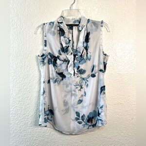 White House Black Market Blue Floral Sleeveless Casual Ruffle Blouse Tops XS